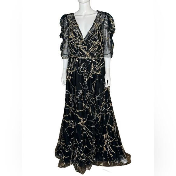 Mac Duggal Black Embellished Gathered Puff Sleeve Faux Wrap Gown 20428 Women’s - Picture 2 of 10